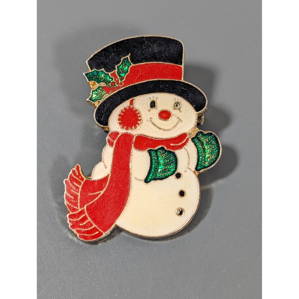 Vintage 1980 Centennia Enamel Snowman Christmas Holiday Brooch Pin Red Scarf